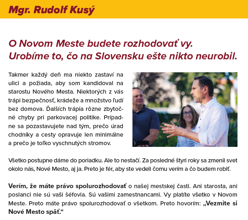 Prvá strana tlačeného listu Rudolfa Kusého Novomešťanom