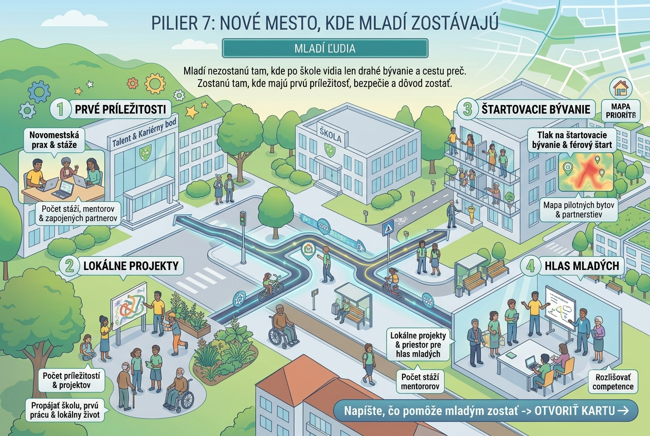 Grafika prepojených bodov a miestnej spolupráce ako symbol priestoru pre mladých ľudí.